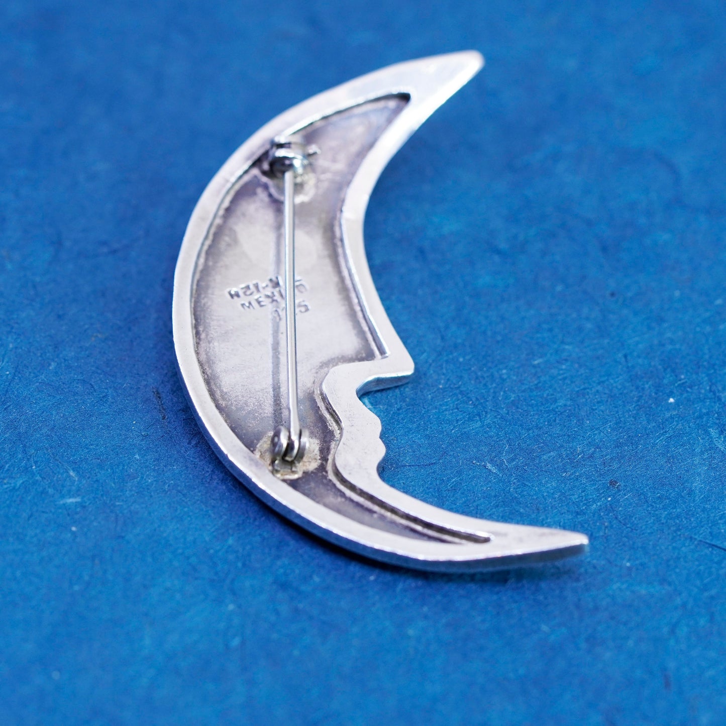 Vintage sterling silver handmade brooch, Mexico 925 moon face pin