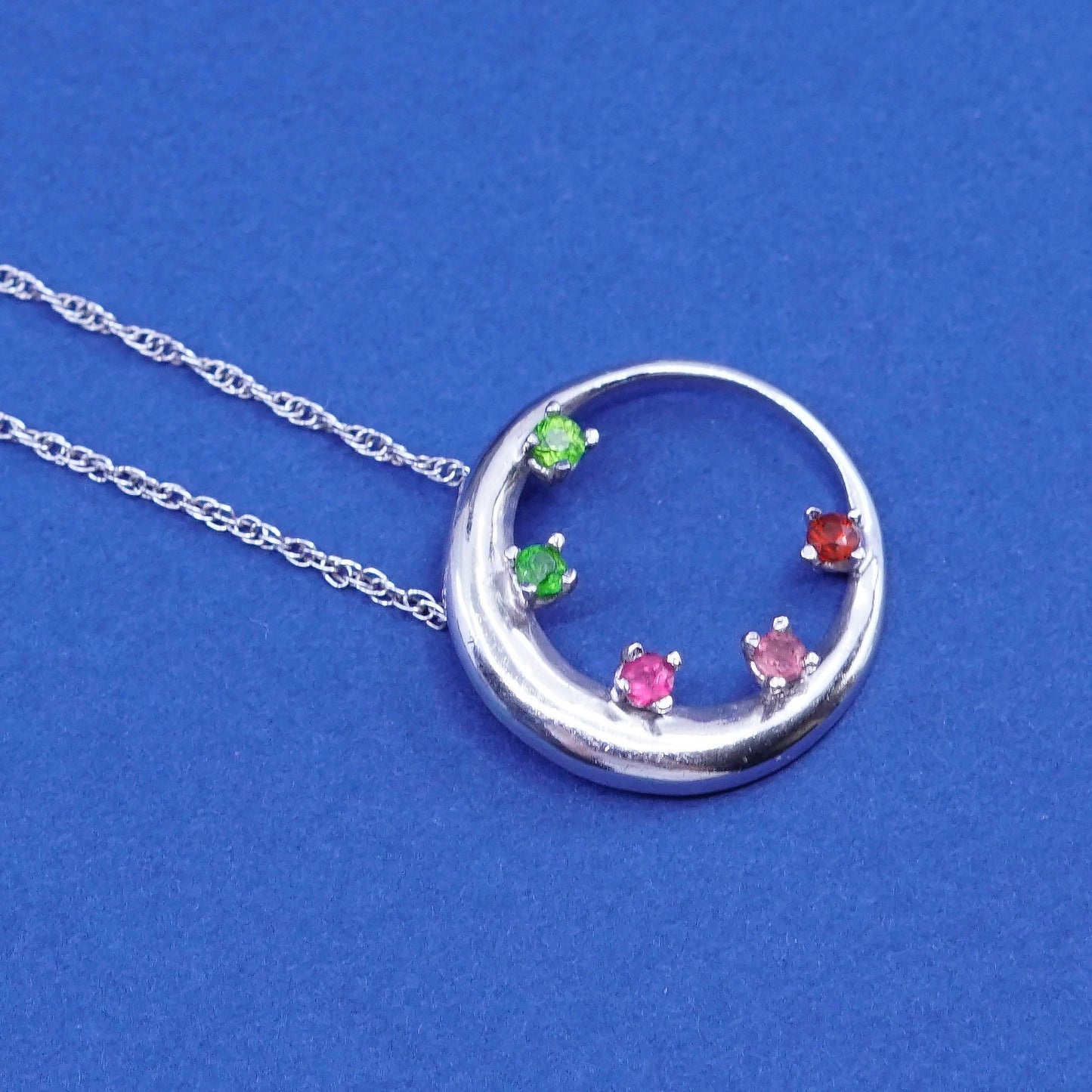 18+2” Sterling 925 silver necklace with circle pendant peridot ruby N amethyst