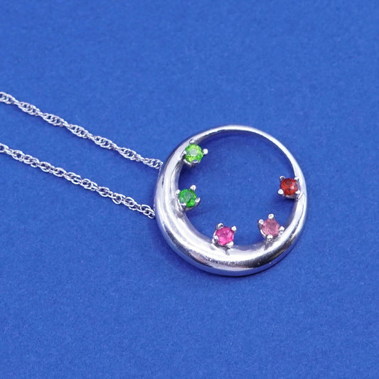 18+2” Sterling 925 silver necklace with circle pendant peridot ruby N amethyst