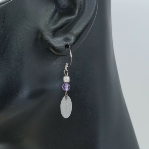 Vtg Sterling Silver Handmade Earrings, 925 dangles Tag W/ Amethyst Beads