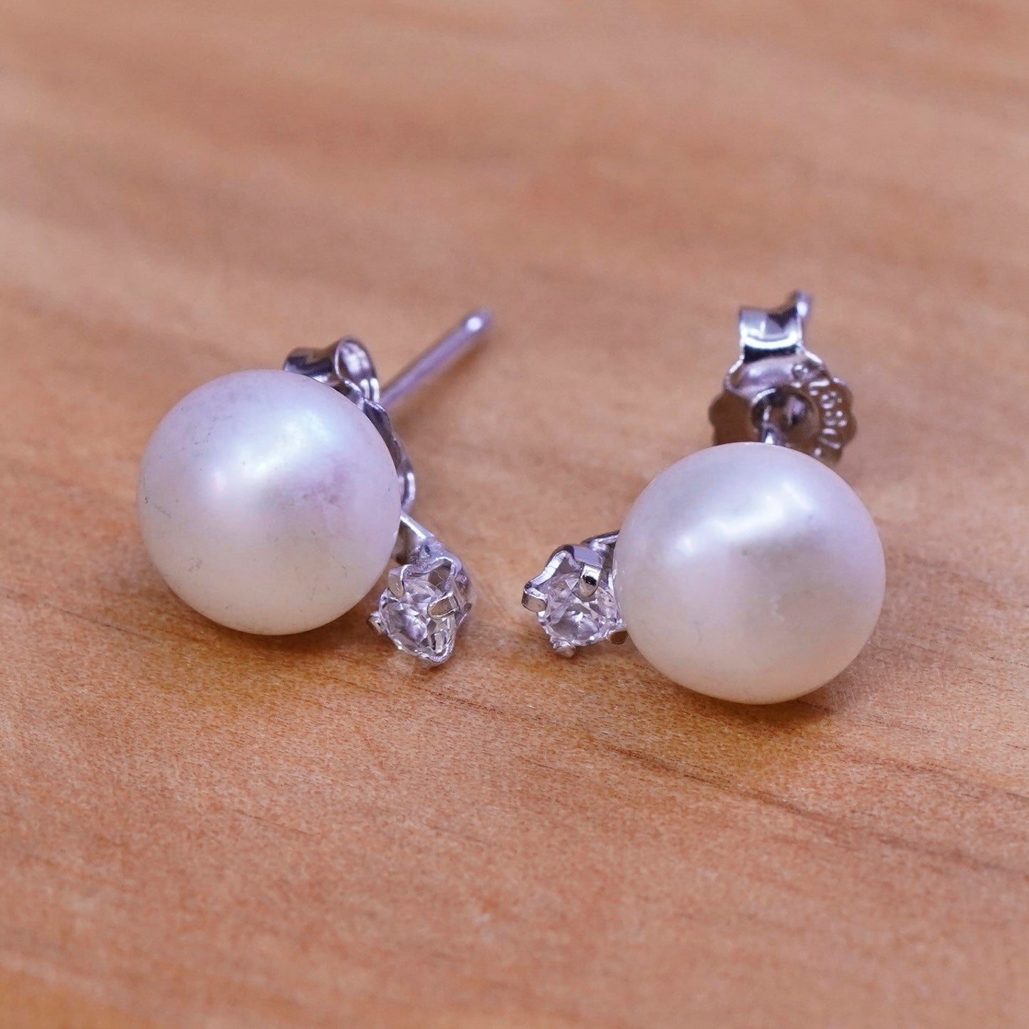 Vintage Sterling silver handmade earrings, 925 pearl studs and Cz