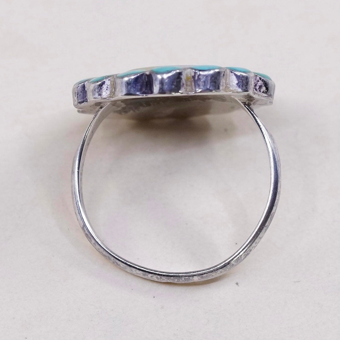 sz 7.25, sterling 925 silver Zuni Tewa sun handmade ring w/ coral n turquoise