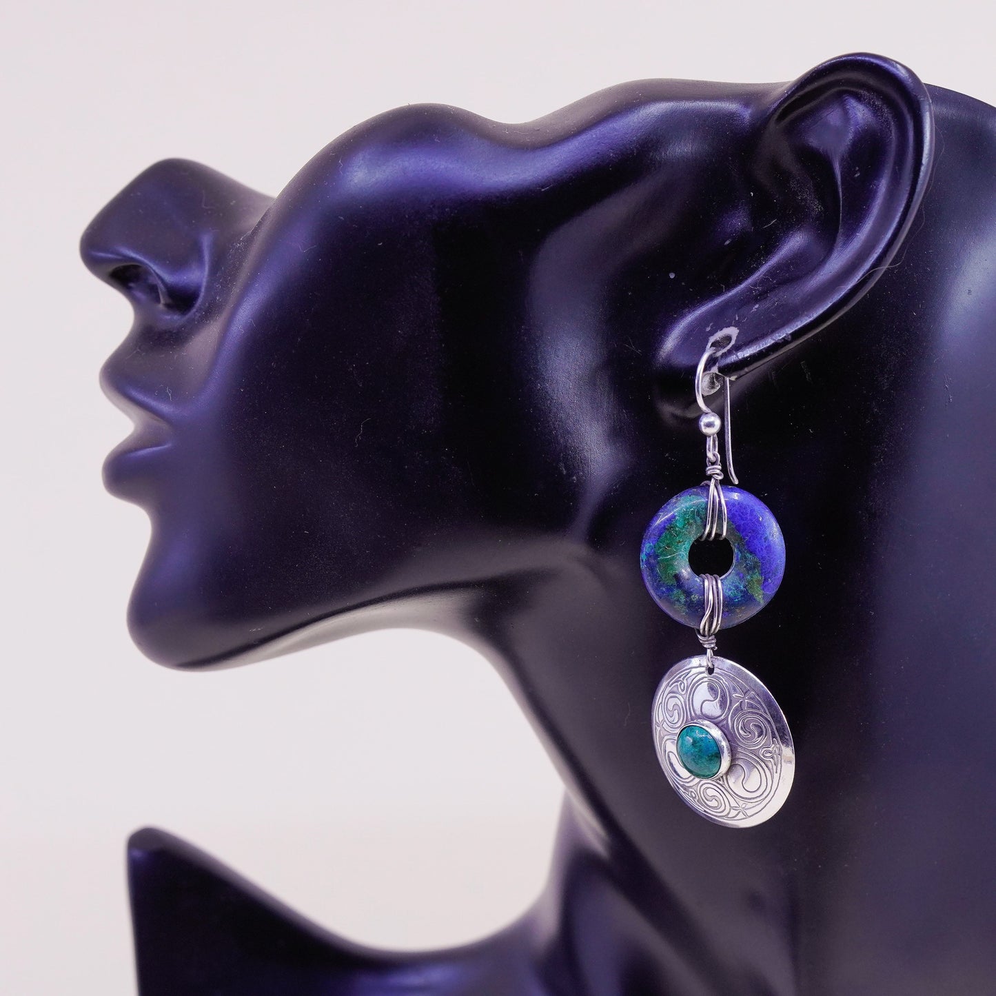 Vintage Sterling 925 silver handmade earrings with azurite and circle dangles