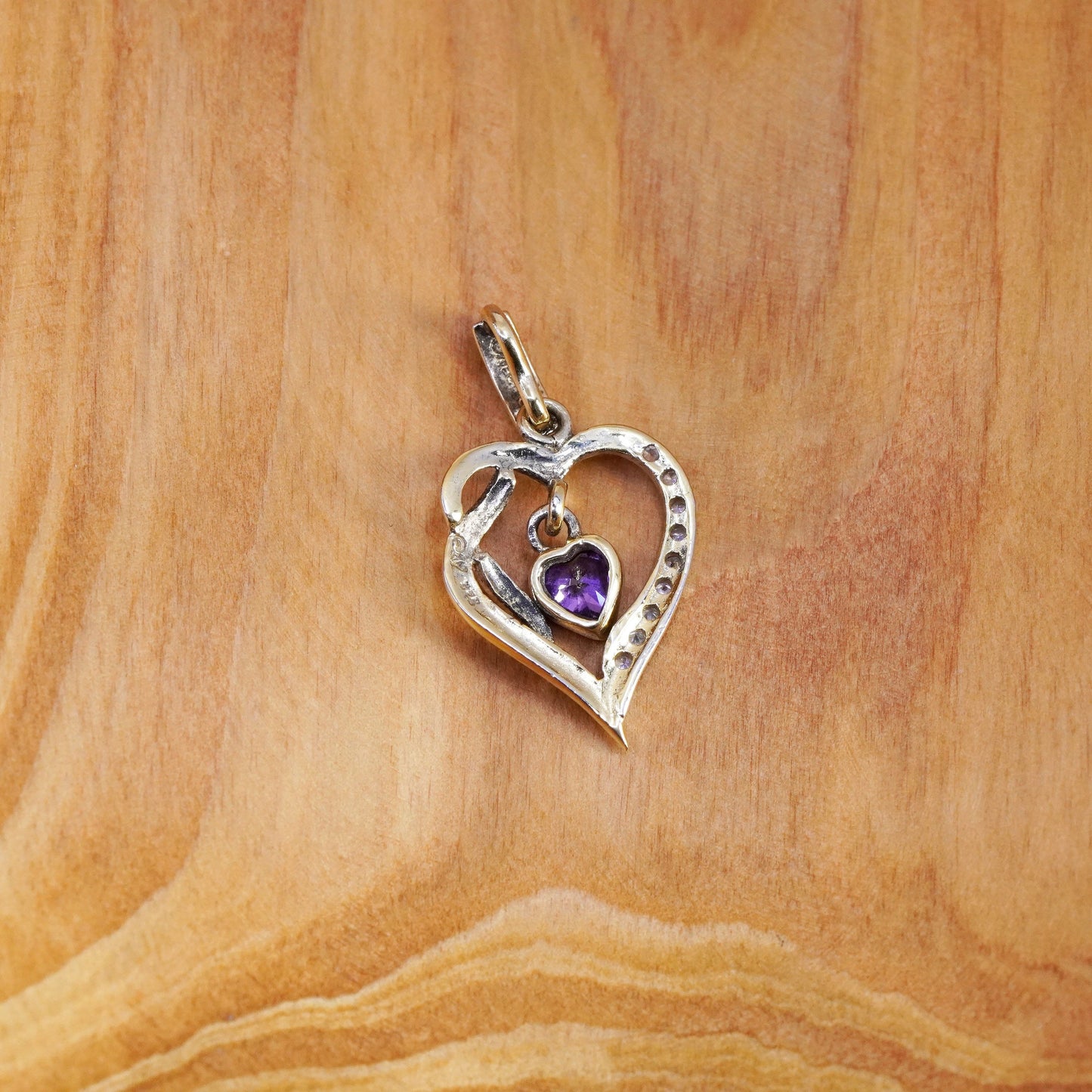 vermeil gold over sterling 925 silver pendant, heart with amethyst and diamond