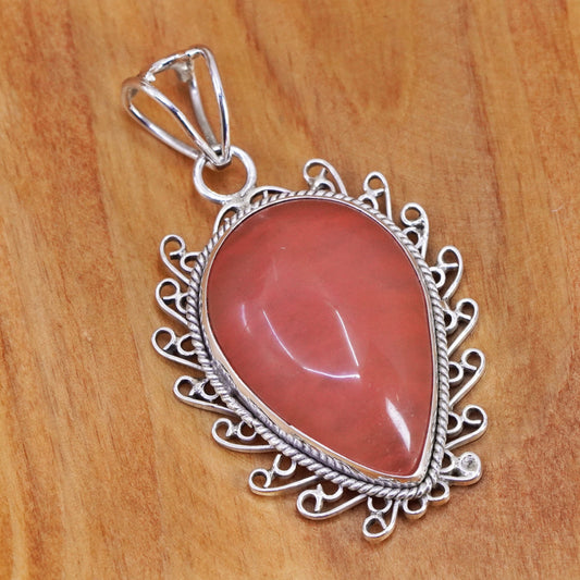 Vintage Sterling 925 silver handmade pendant with teardrop pink rose quartz