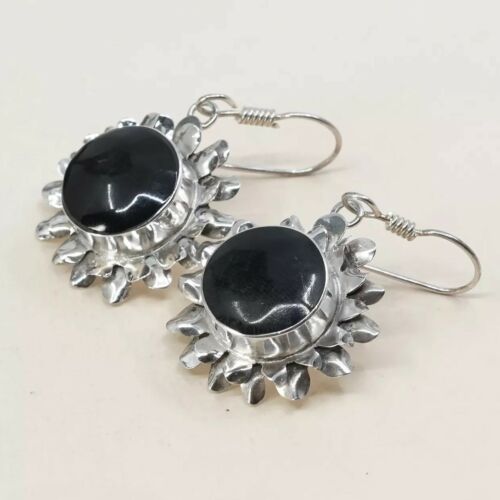 Vtg Sterling Silver Handmade Earrings, 925 Silver Sunflower W/ Obsidian Inlay