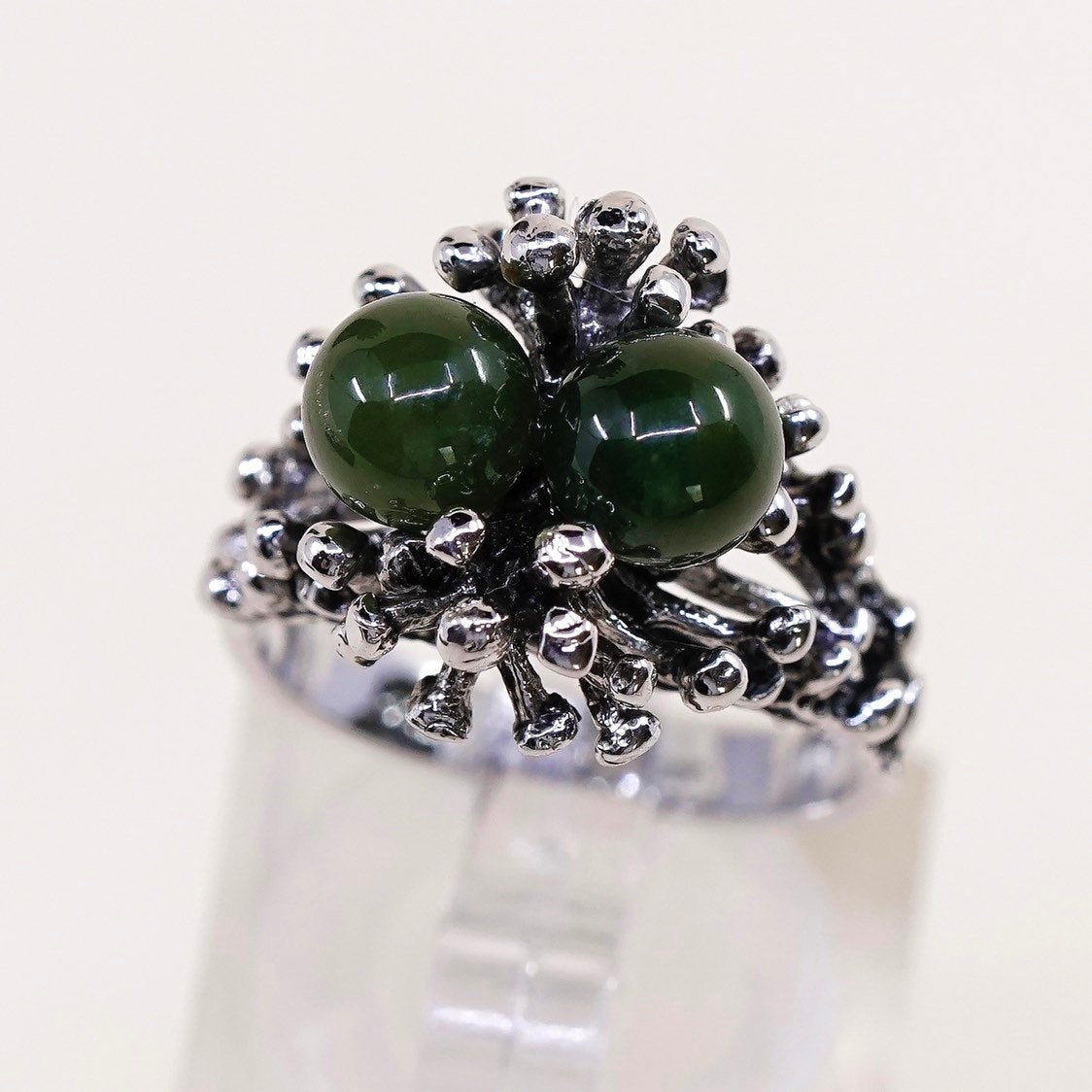 sz 5.25, vtg handmade sterling silver statement ring, unique beads w/ jade ring