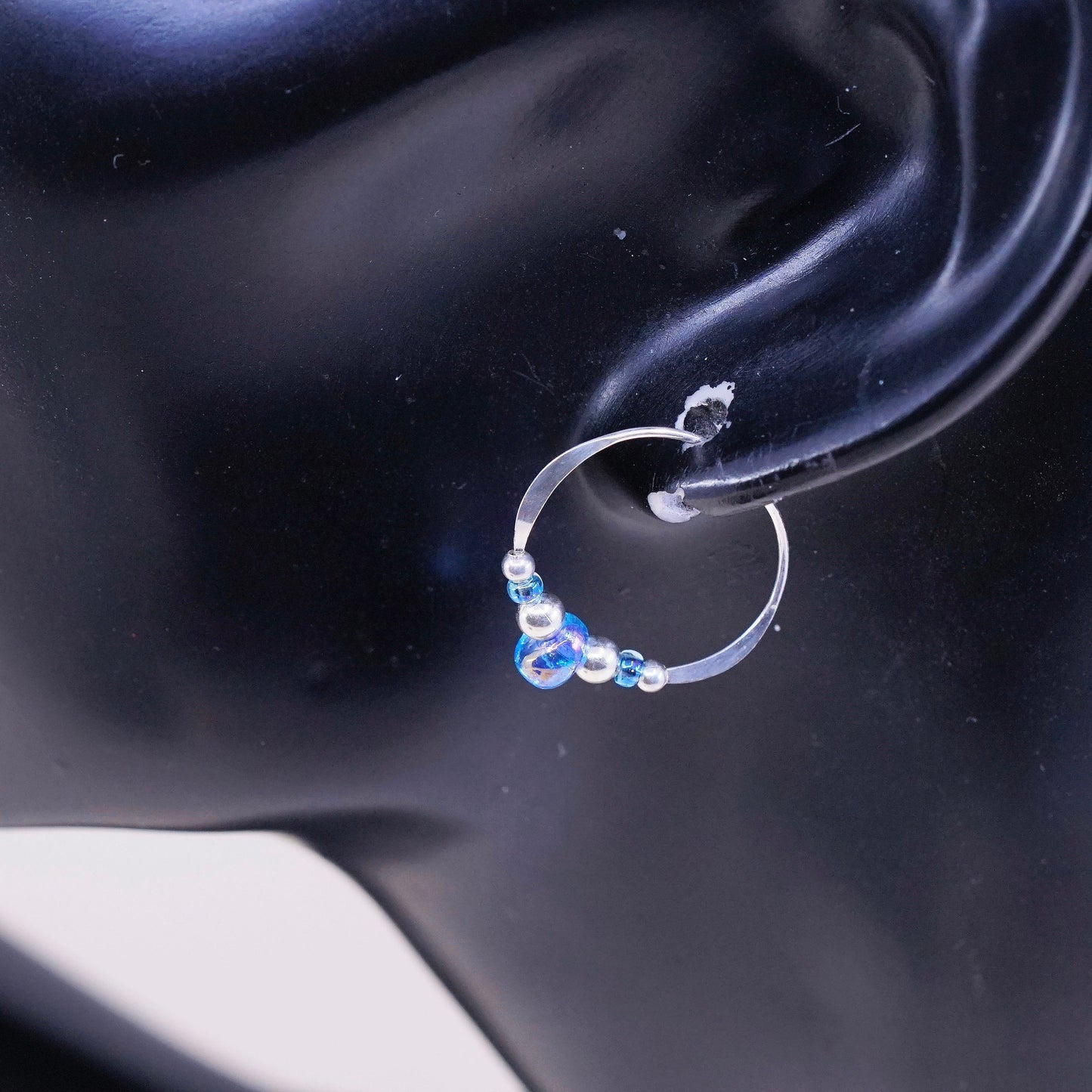 0.5”, vtg sterling silver loop earrings, minimalist primitive hoops w/ blue cz