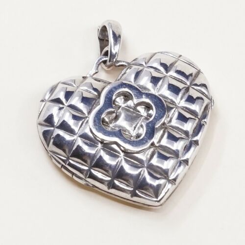 Vtg Heidi Klum 925 Sterling Silver Clover Quilted Heart Locket Pendant