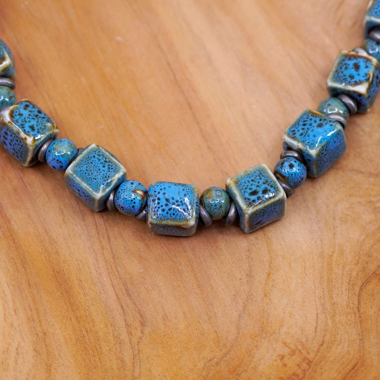 17” sterling 925 silver handmade bead necklace with blue dotted ceramic cube