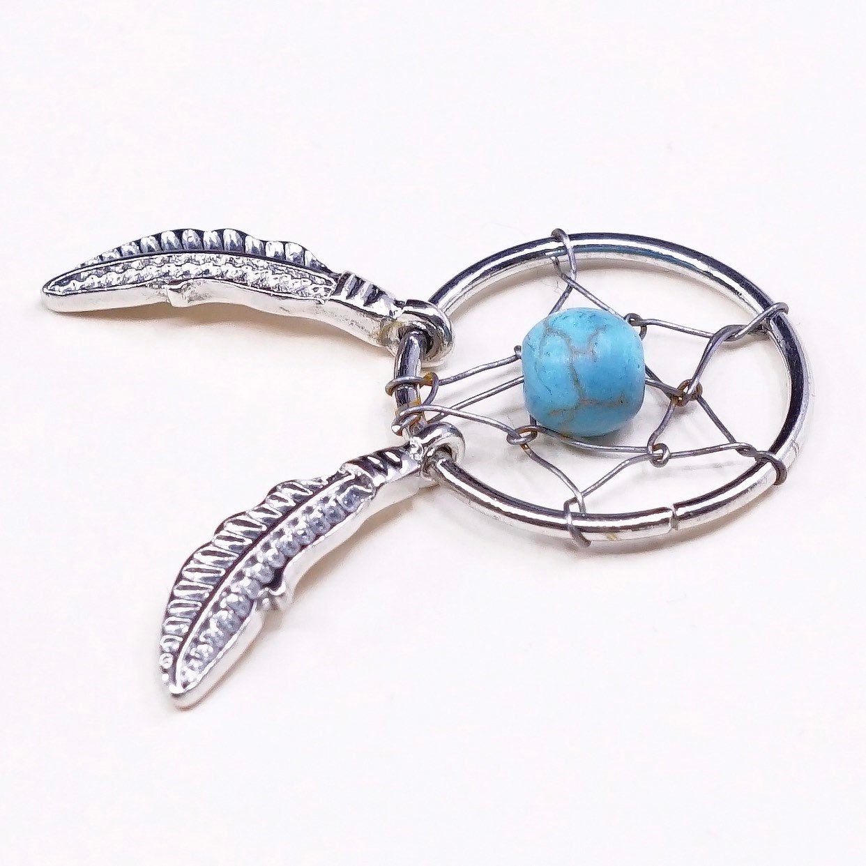 Sterling silver handmade pendant, 925 circle net charm w/ turquoise n feather