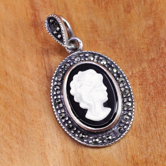 Sterling 925 silver handmade pendant with mother of pearl cameo girl marcasite