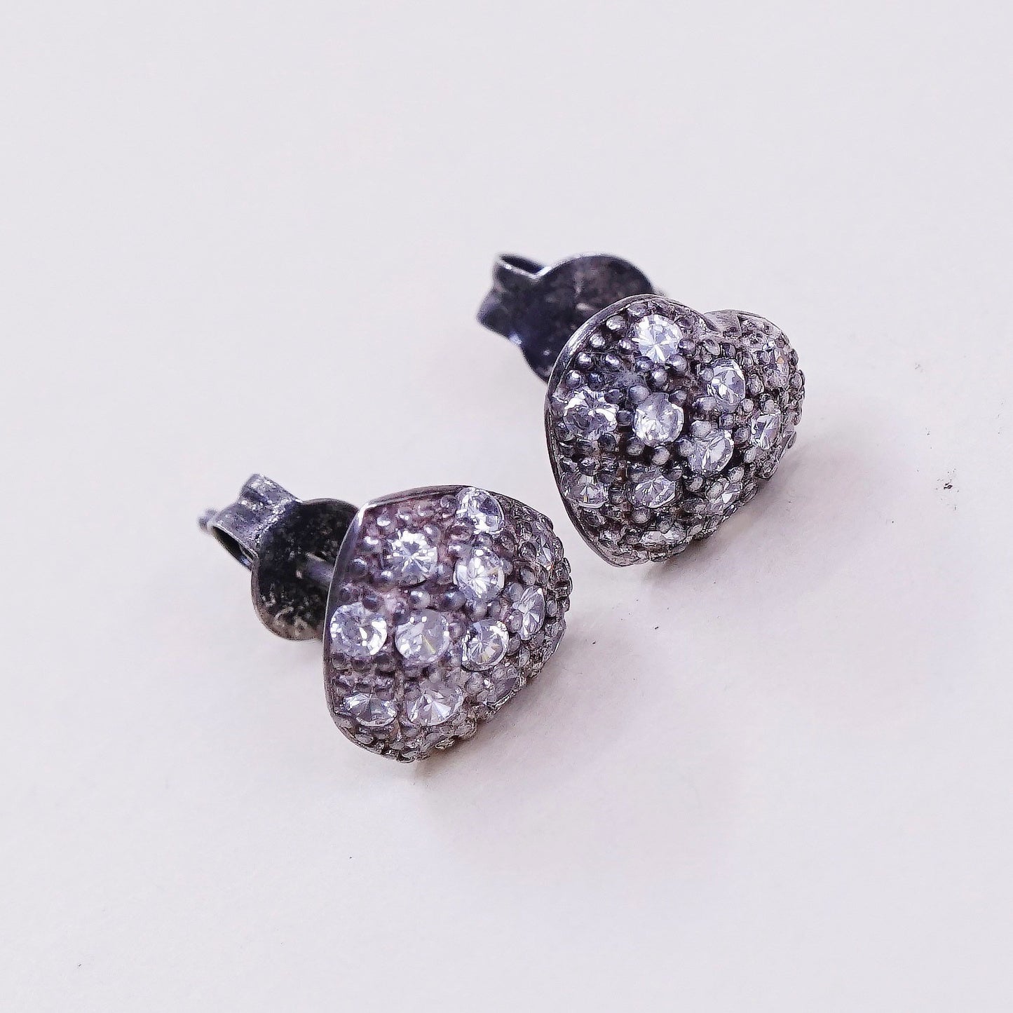 vtg sterling silver handmade earrings, 925 heart shaped studs with cluster cz