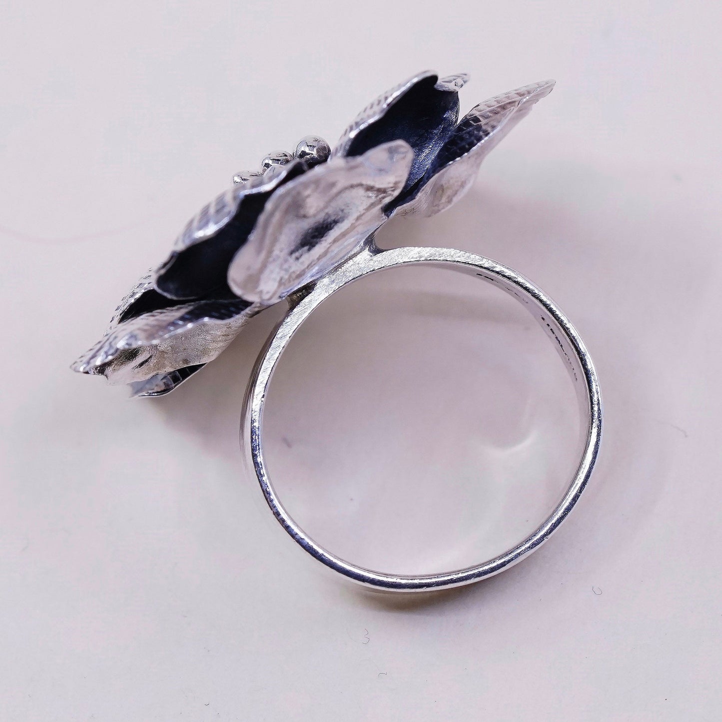 sz 7.5, vtg Sterling silver handmade ring, 925 rose flower statement ring