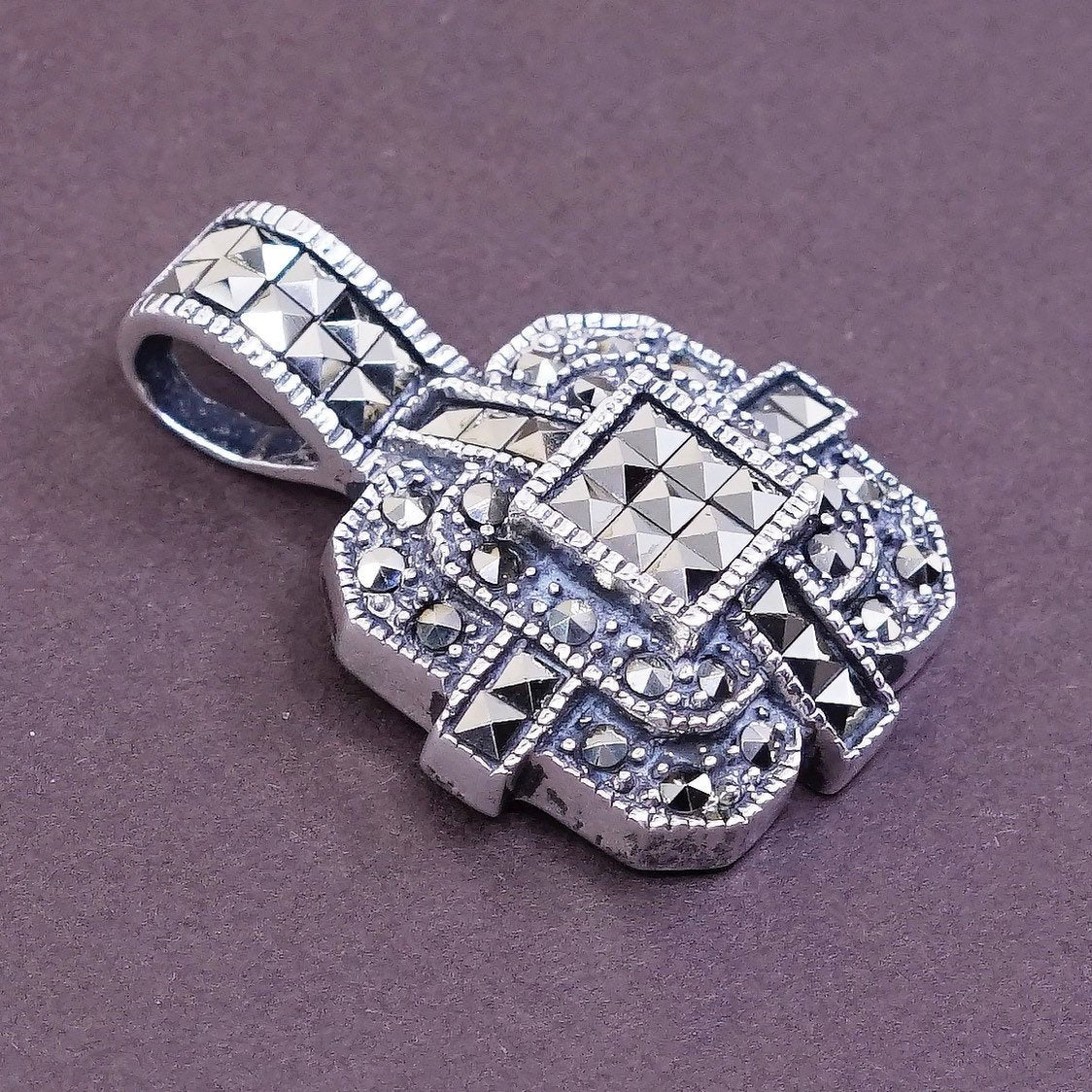 vtg Sterling silver handmade charm, square 925 pendant w/ marcasite n Crystal