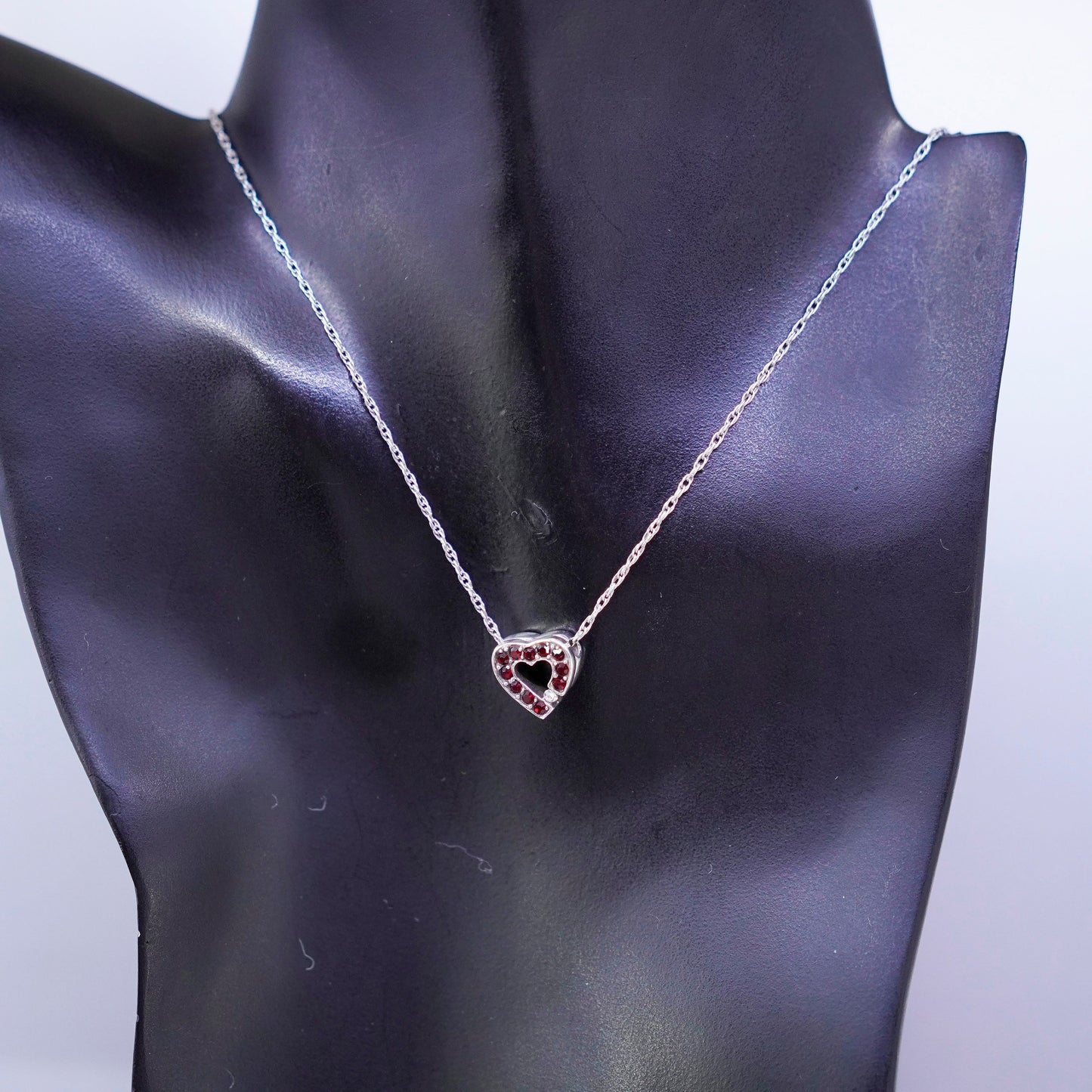 16”, Sterling 925 silver Singapore rope necklace with ruby cz heart pendant