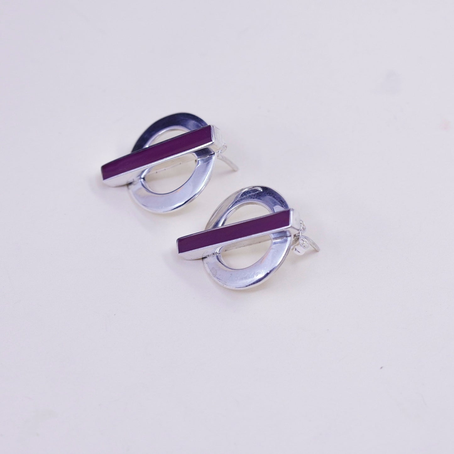 Vintage Sterling 925 silver handmade earrings circle studs with purple agate