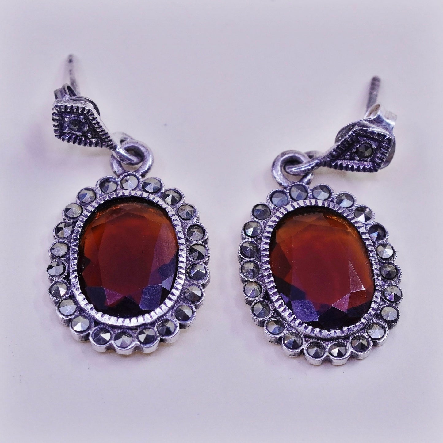 Vintage sterling 925 silver handmade earrings with ruby and Marcasite