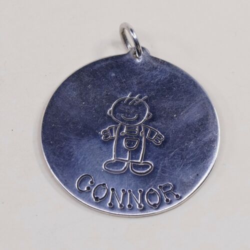 Vtg Lucy Ann Sterling Silver Pendant, Round Tag Charm Embossed A Boy Connor