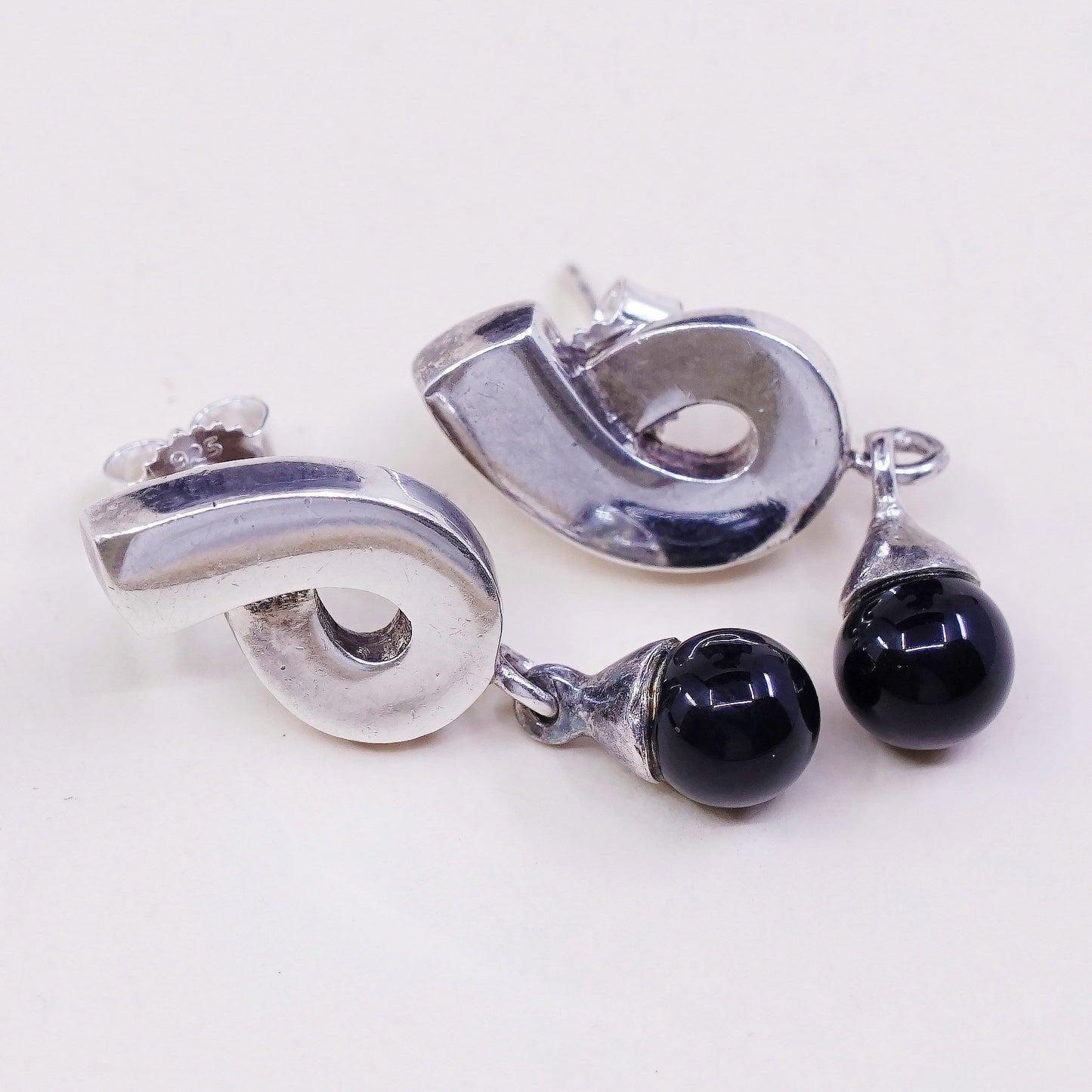 vtg Sterling silver handmade earrings, 925 studs w/ obsidian beads