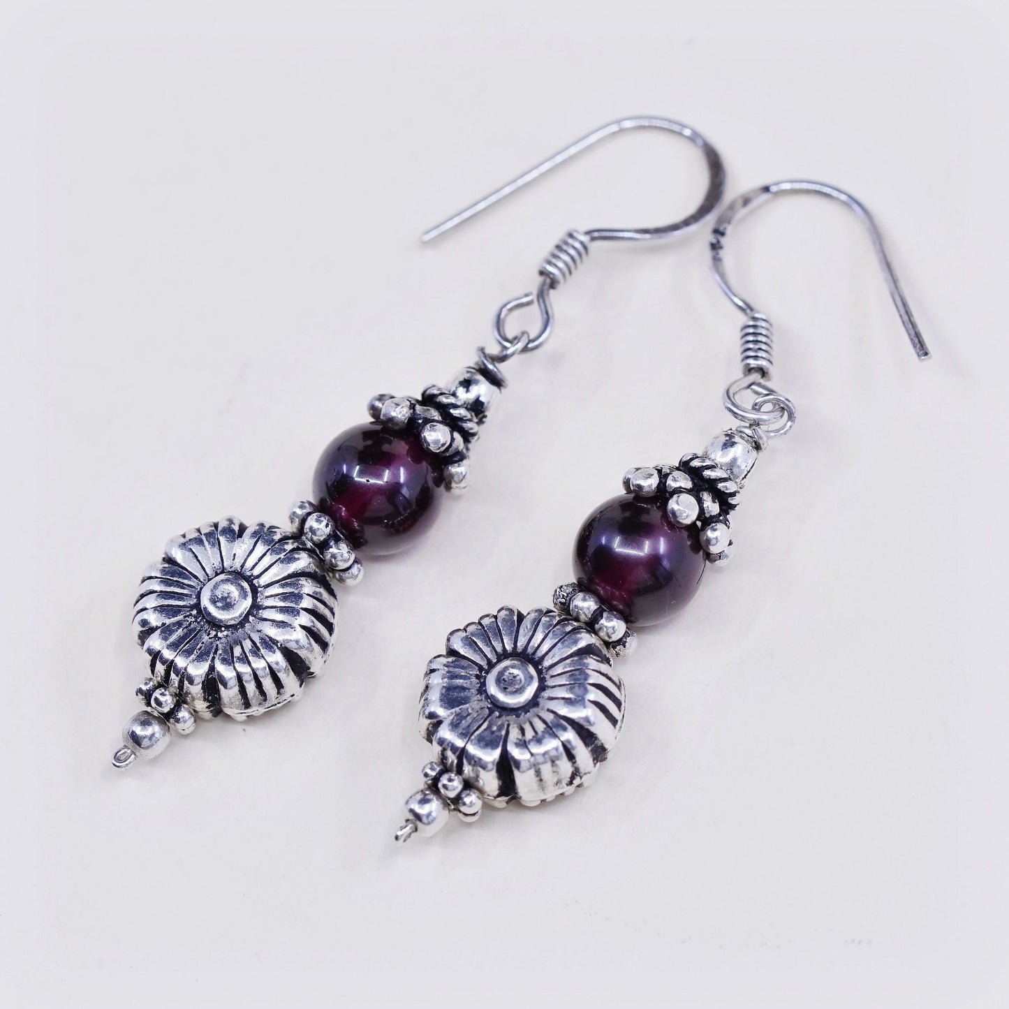 Vintage sterling silver flower earrings, 925 silver with garnet beads