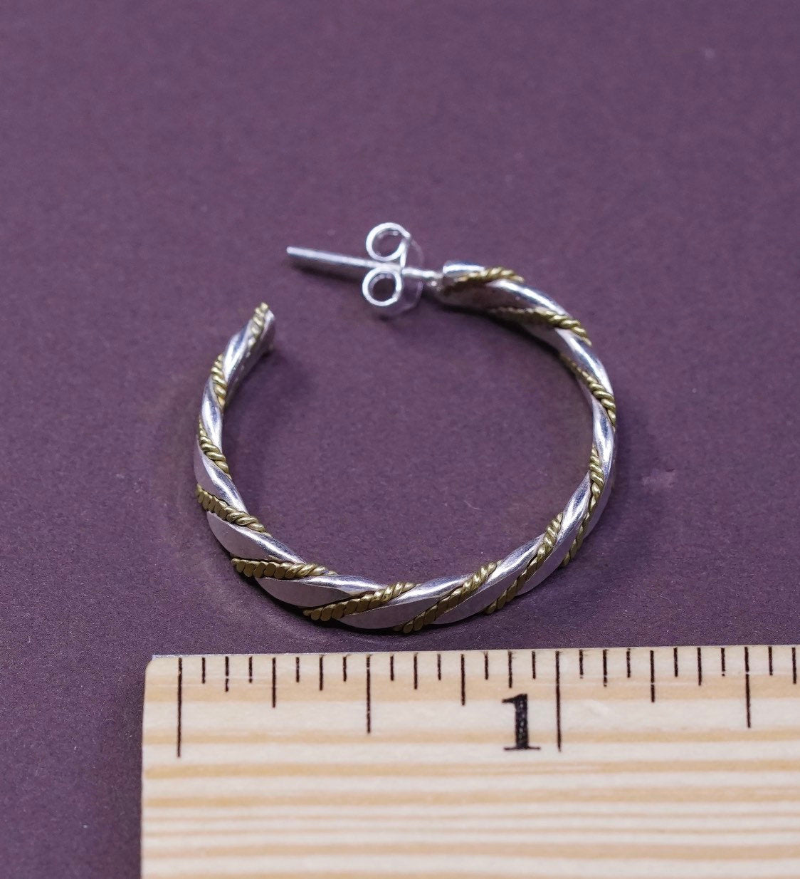 1", VTG Huggie Sterling silver handmade earrings, 925 studs w/ brass cable