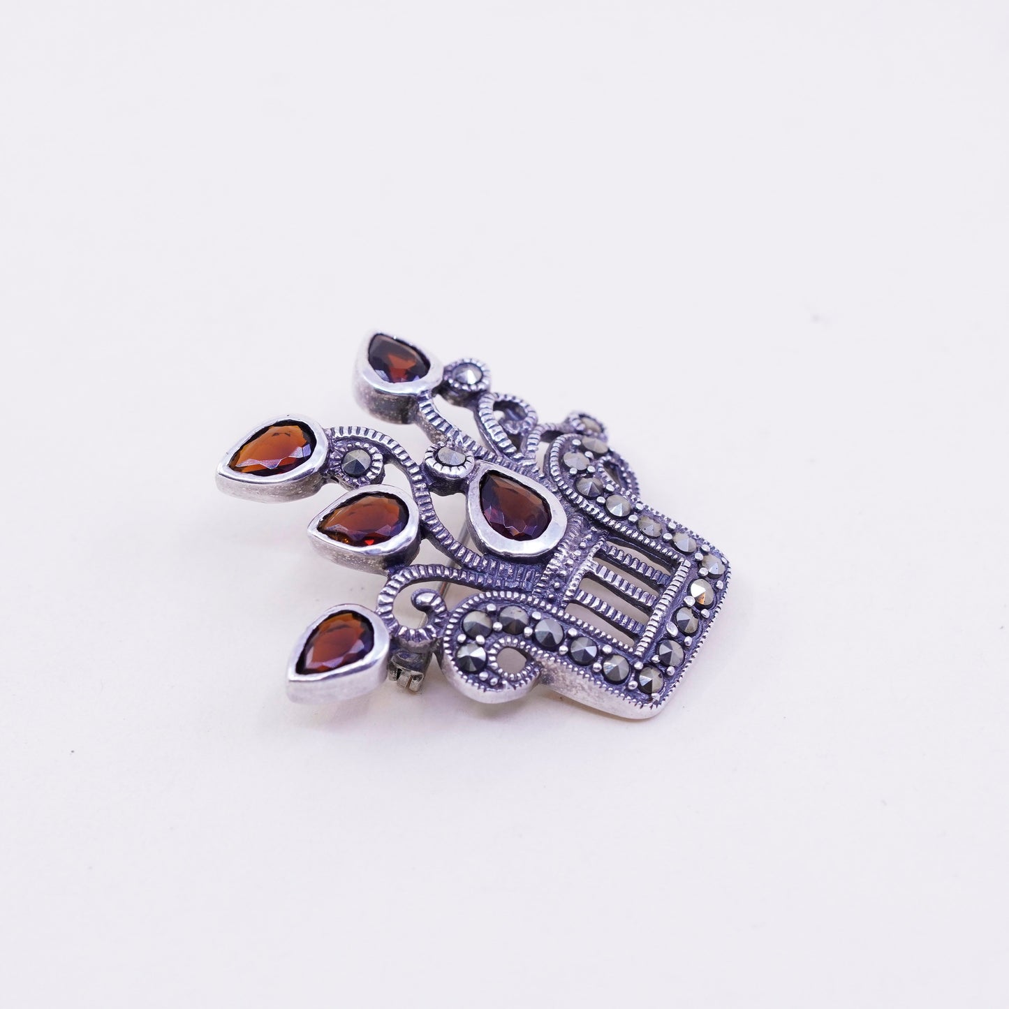 Vintage Sterling silver handmade brooch, 925 vase with ruby and marcasite