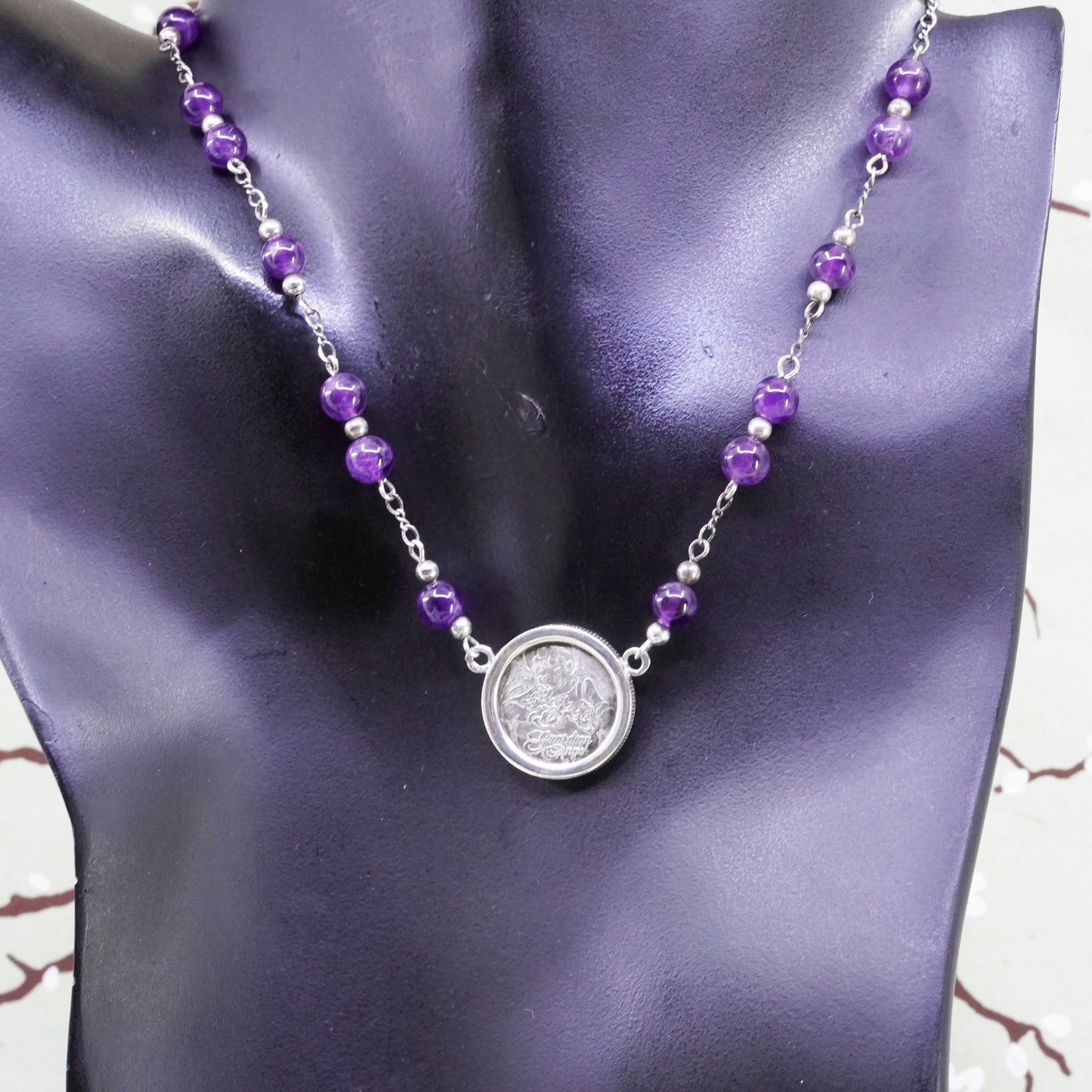 14”, USA Sterling silver necklace, 925 chain amethyst Guardian angel pendant