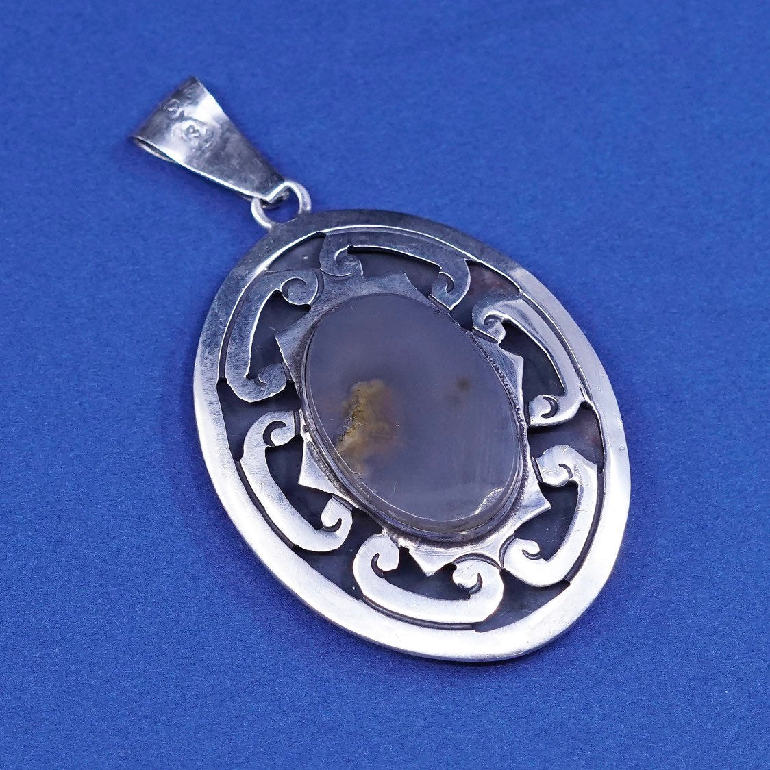 vtg CFC sterling silver handmade pendant, 925 w/ gray lace agate