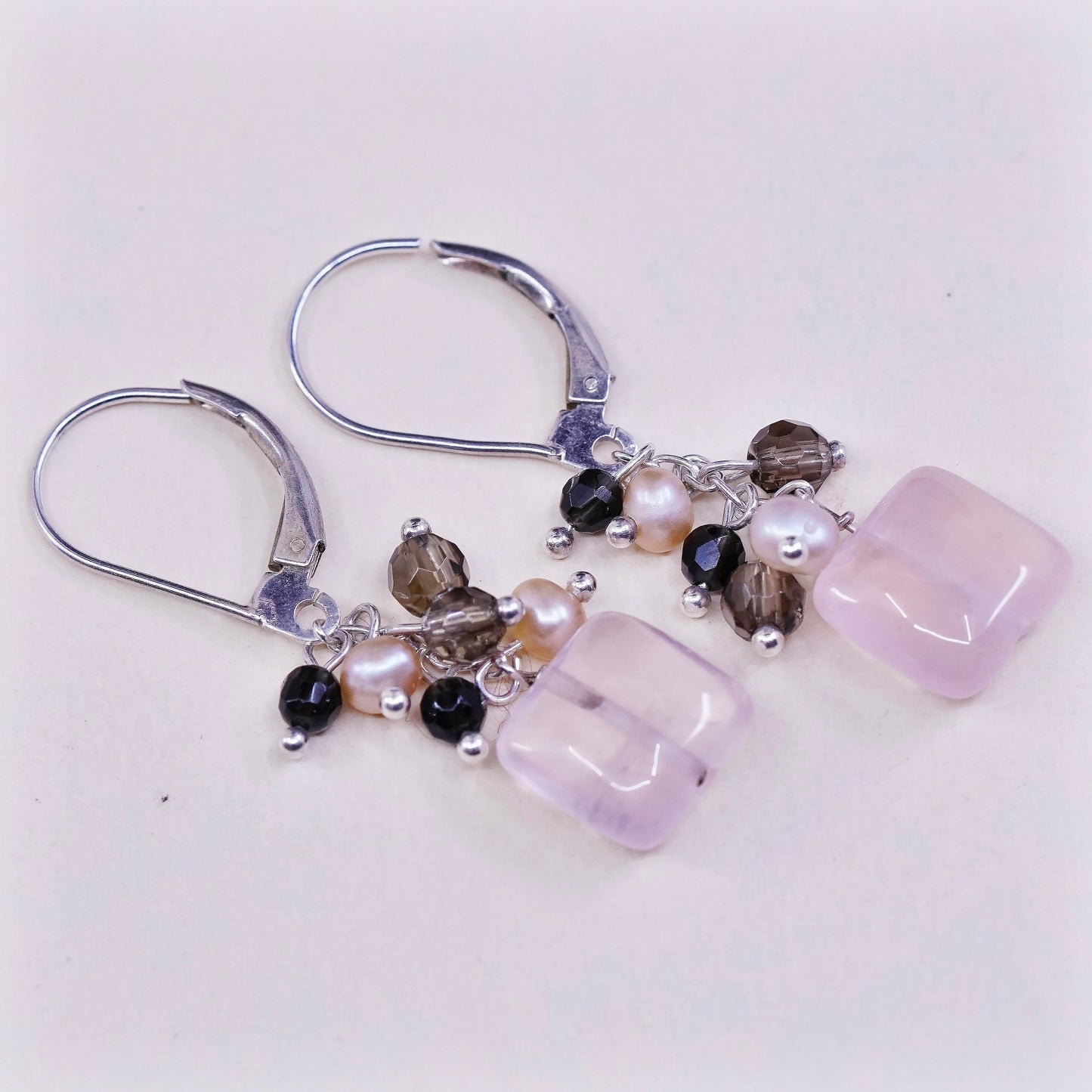 vtg Sterling silver handmade earrings, 925 with cluster pearl and pink quartz