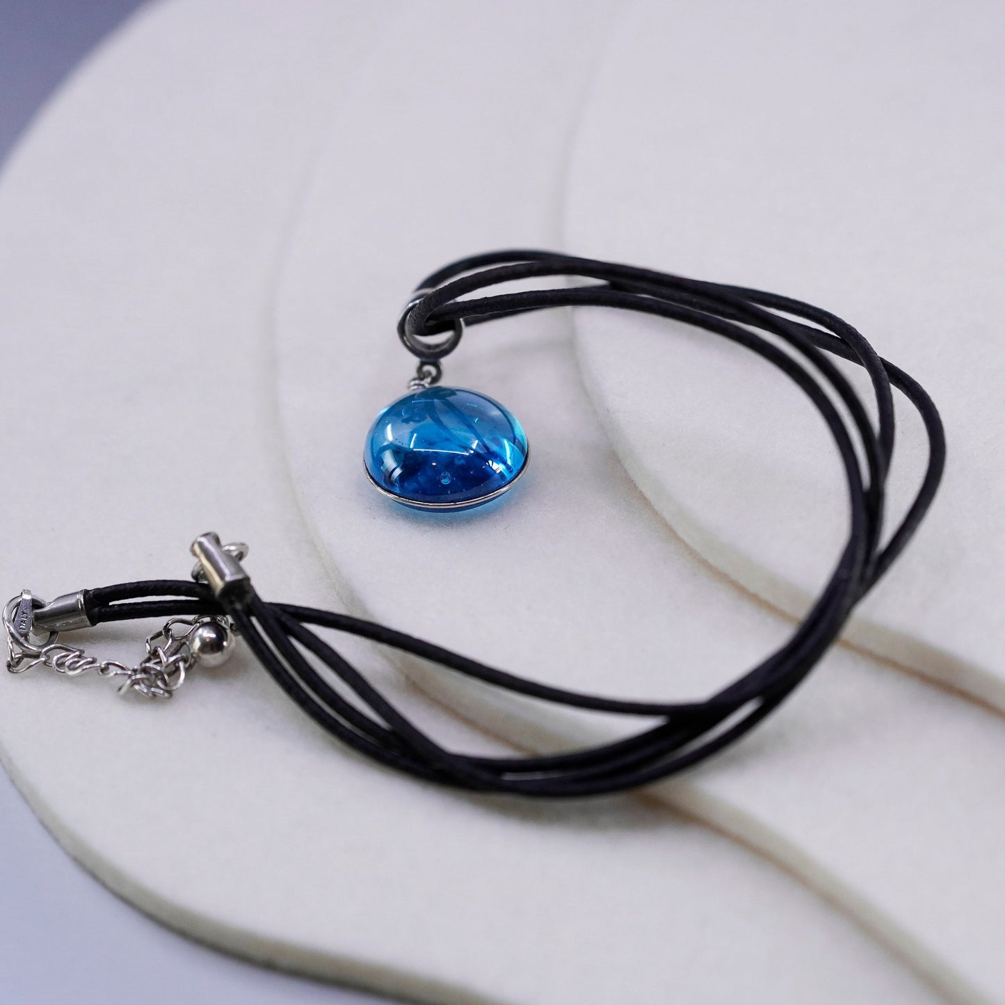 14+2”, 925 Sterling Silver Handmade black Leather Necklace with blue glass