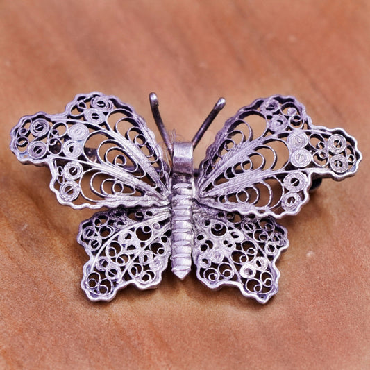 Vintage handmade sterling 925 silver filigree butterfly brooch