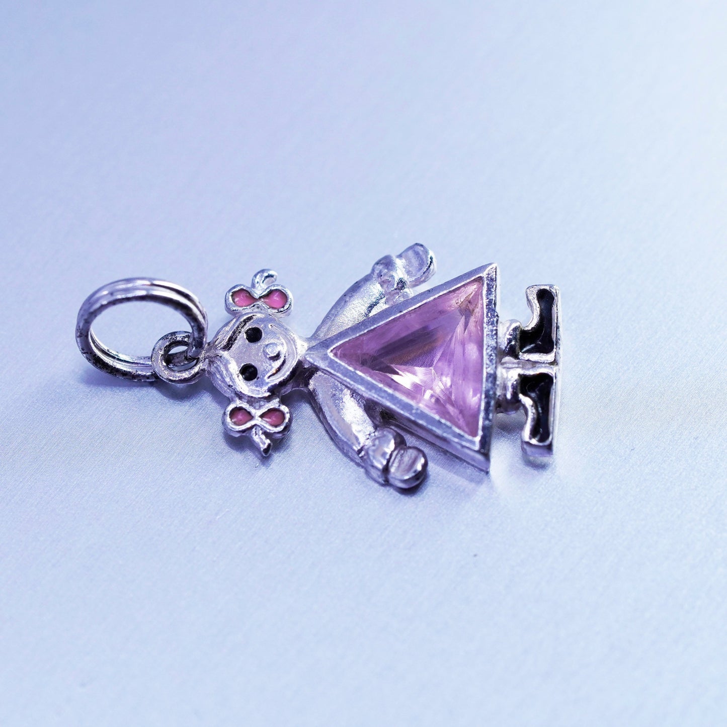 Antique Sterling silver handmade charm, 925 birthstone pink crystal dress