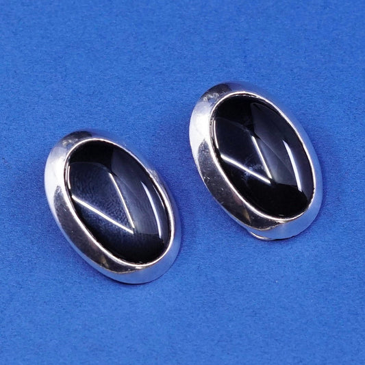 VTG sterling silver handmade earrings, 925 wiw/th oval obsidian