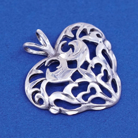 vtg Avon Sterling silver handmade pendant, 925 filigree heart with two birds