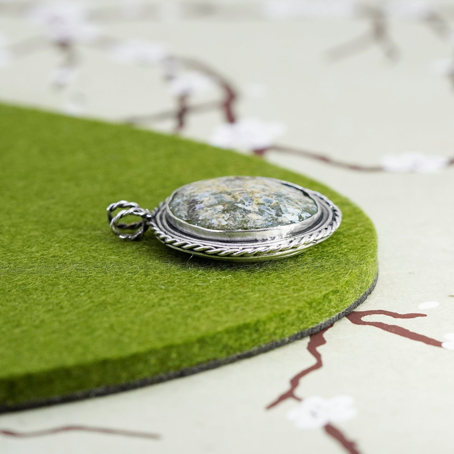 Vintage sterling silver handmade pendant, round Big Roman glass charm