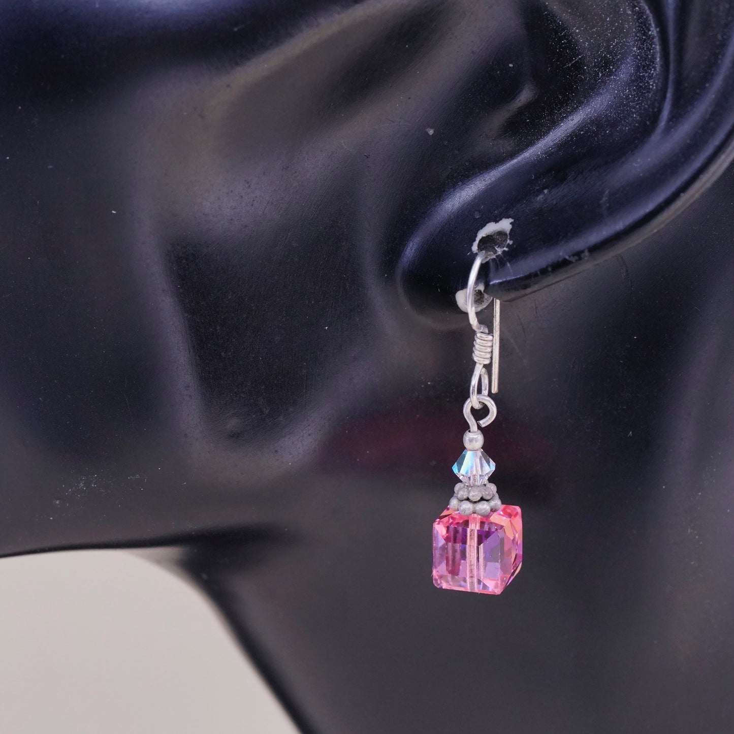 Vintage Sterling 925 silver handmade earrings, with pink crystal cube