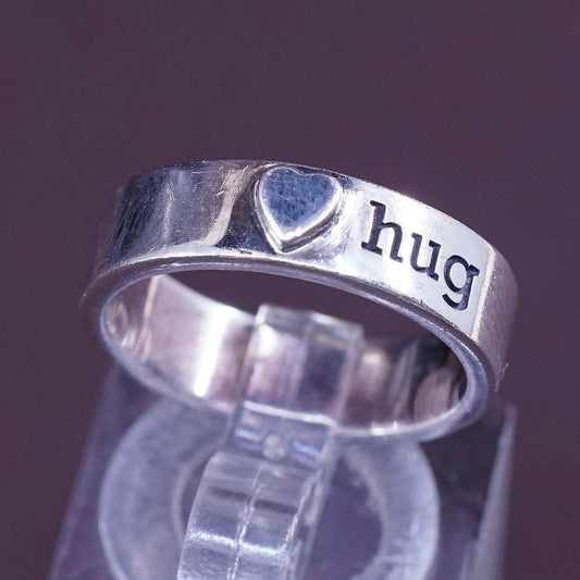 sz 6, vtg Sterling silver handmade ring w/ heart Embossed “hug”, 925 band