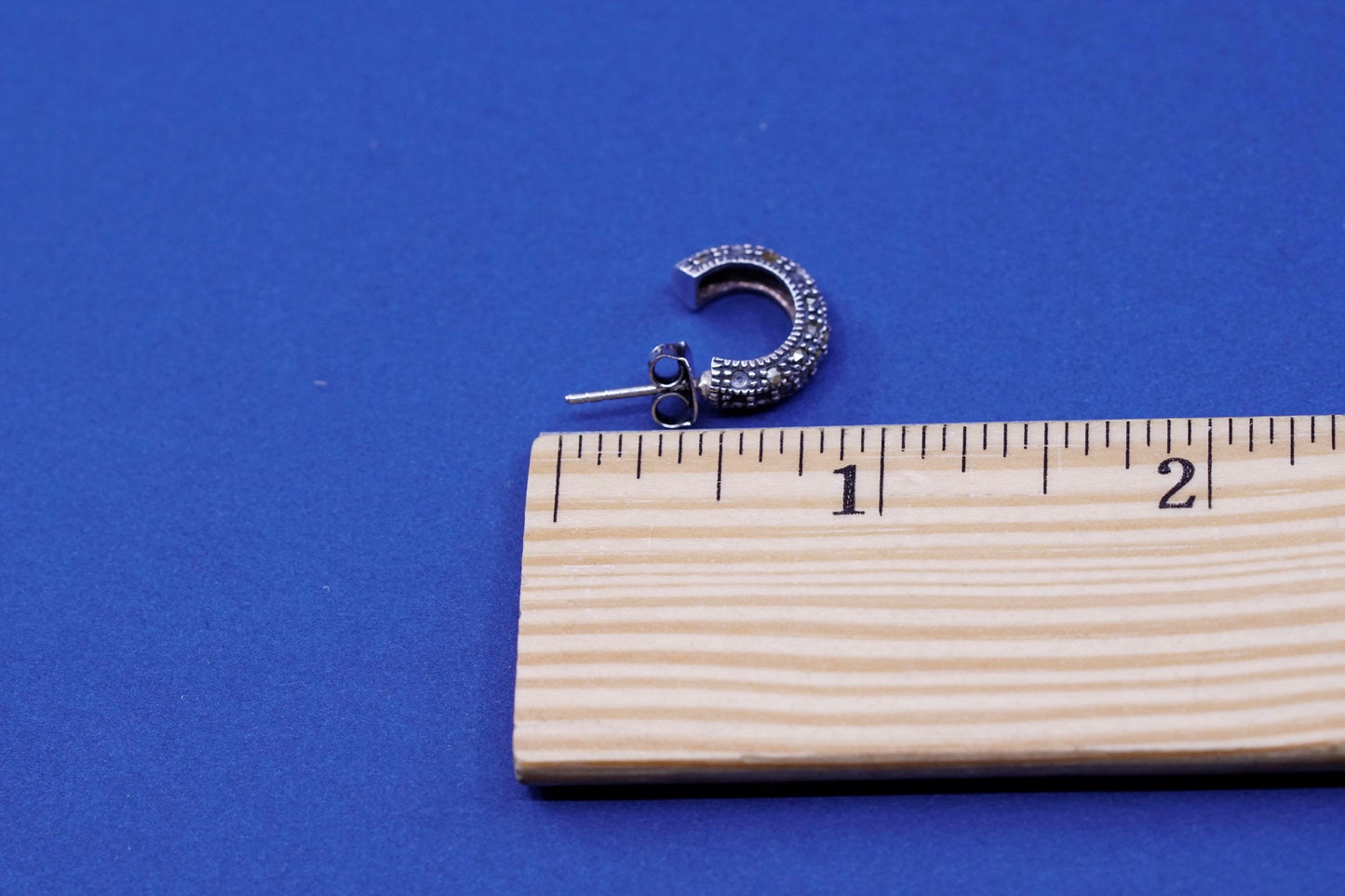 0.5”, Sterling silver handmade earrings, 925 hoops w/ marcasite details, huggie