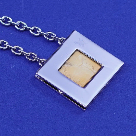 18”, Sterling silver necklace, 925 circle chain square pendant yellow leather