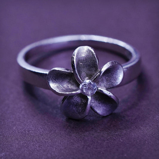 Size 6, vintage Sterling silver ring, modern 925 plumeria flower with Cz