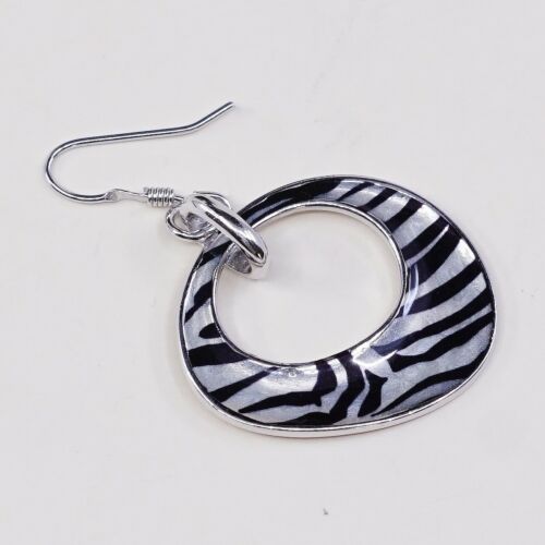 Vtg Sterling Handmade Earrings, Modern 925 Silver Circle W/ Enamel Zebra Texture