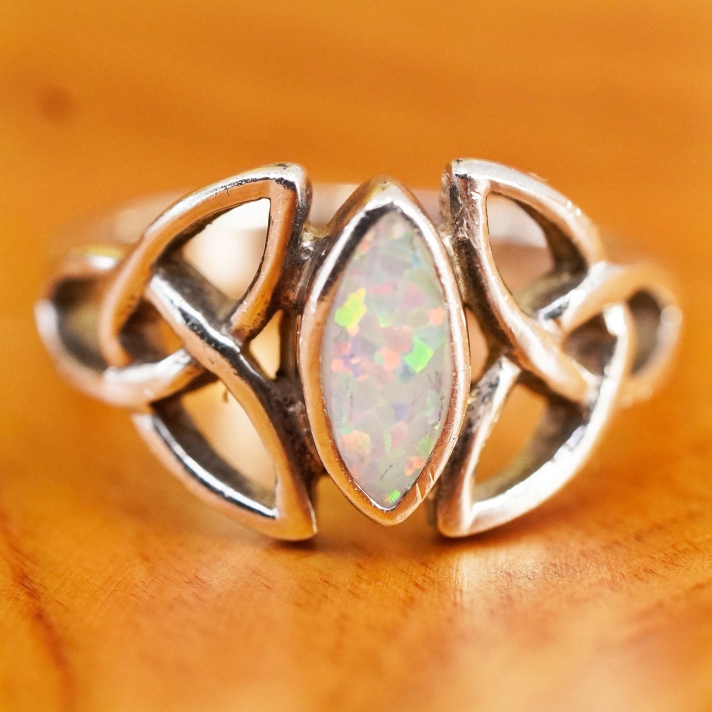 Size 4.75, vintage Irish Celtic knot Sterling 925 silver handmade ring w/ opal