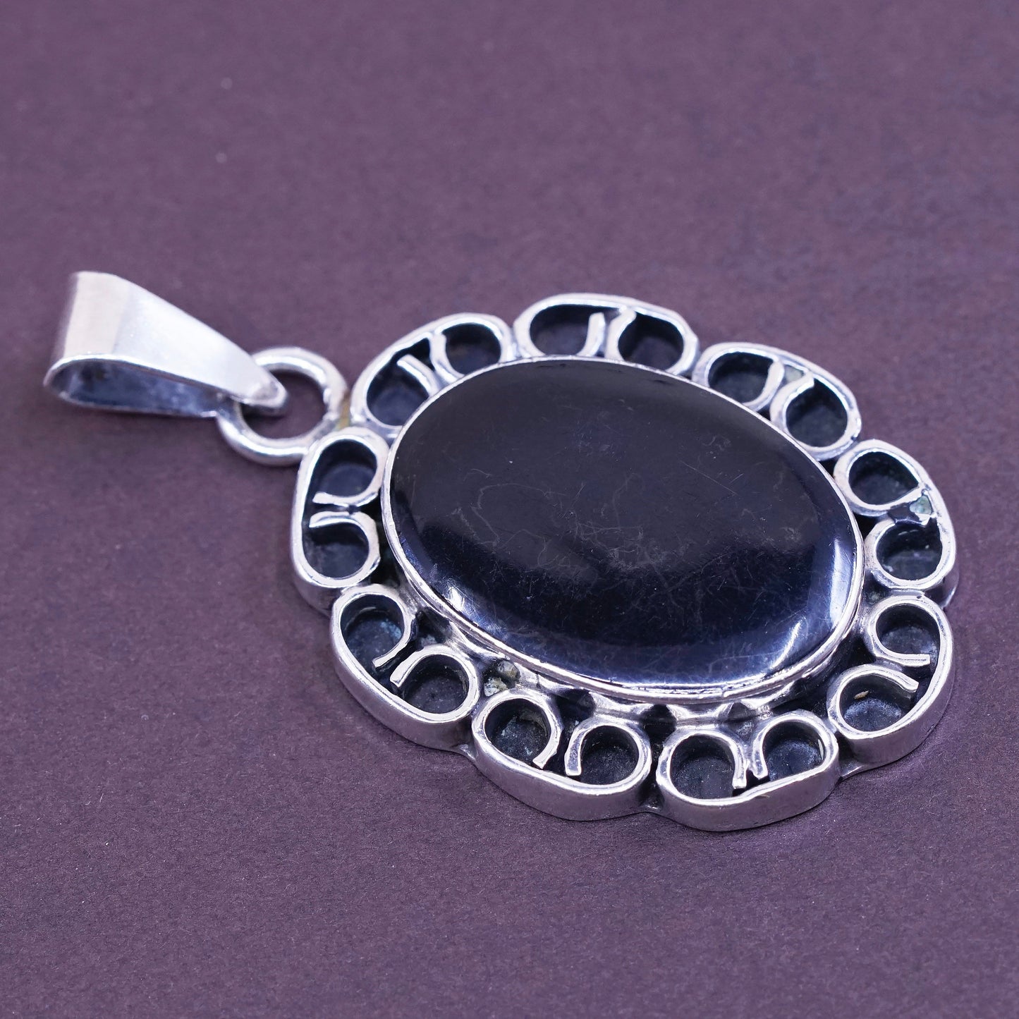 vtg Sterling silver handmade pendant, Mexico 925 w/ oval obsidian, black onyx