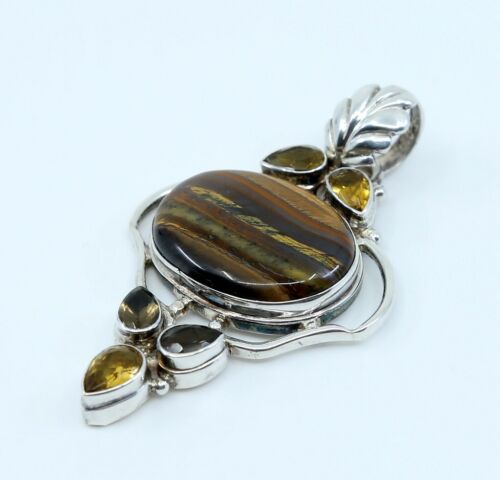 Vtg Sterling 925 Silver Handmade Pendant W/ Tiger Iron N Citrine