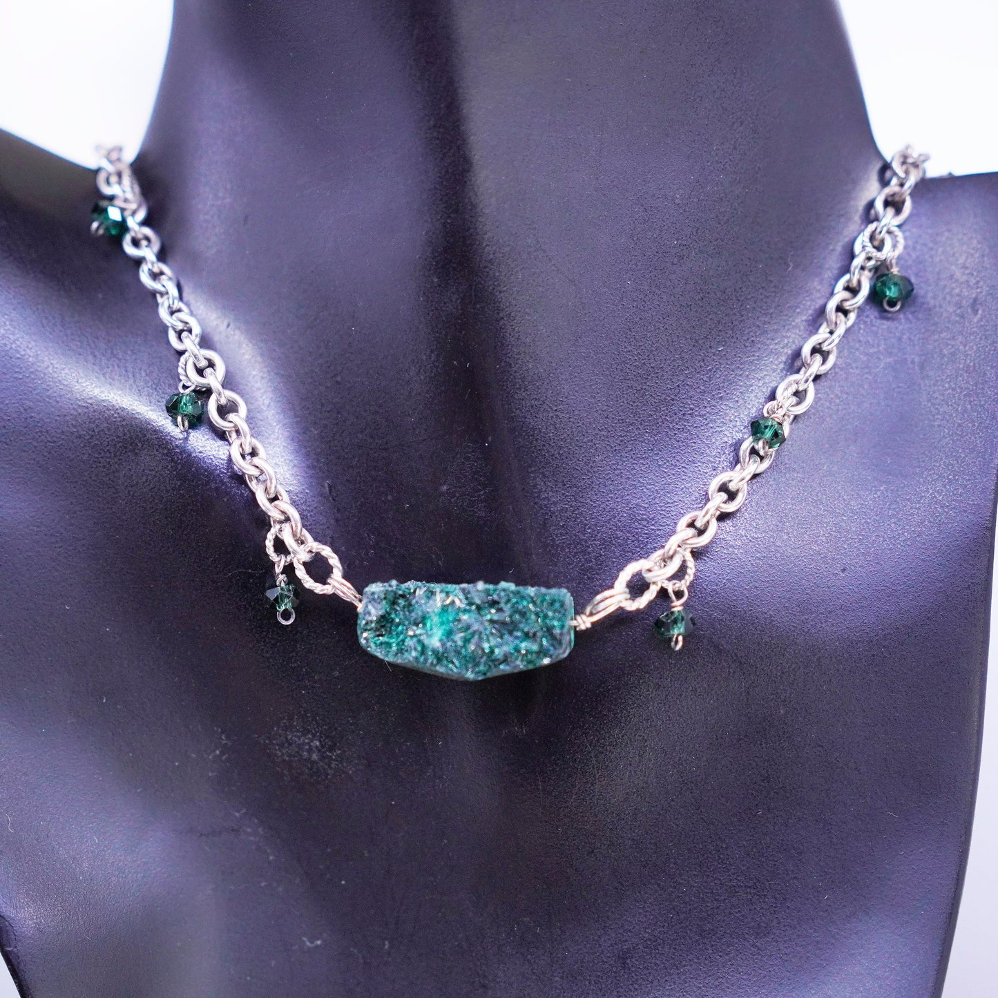 16” 5mm, vintage Sterling 925 silver handmade circle necklace malachite druzy