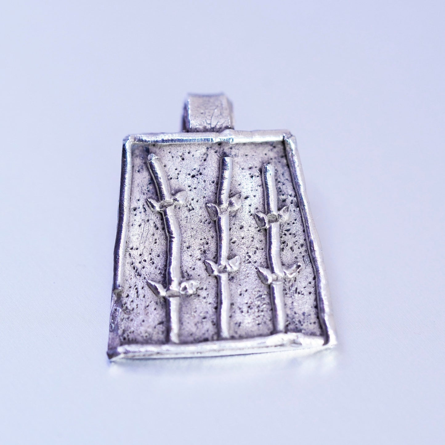 antique sterling 925 silver handmade tag with relief bamboo pendant