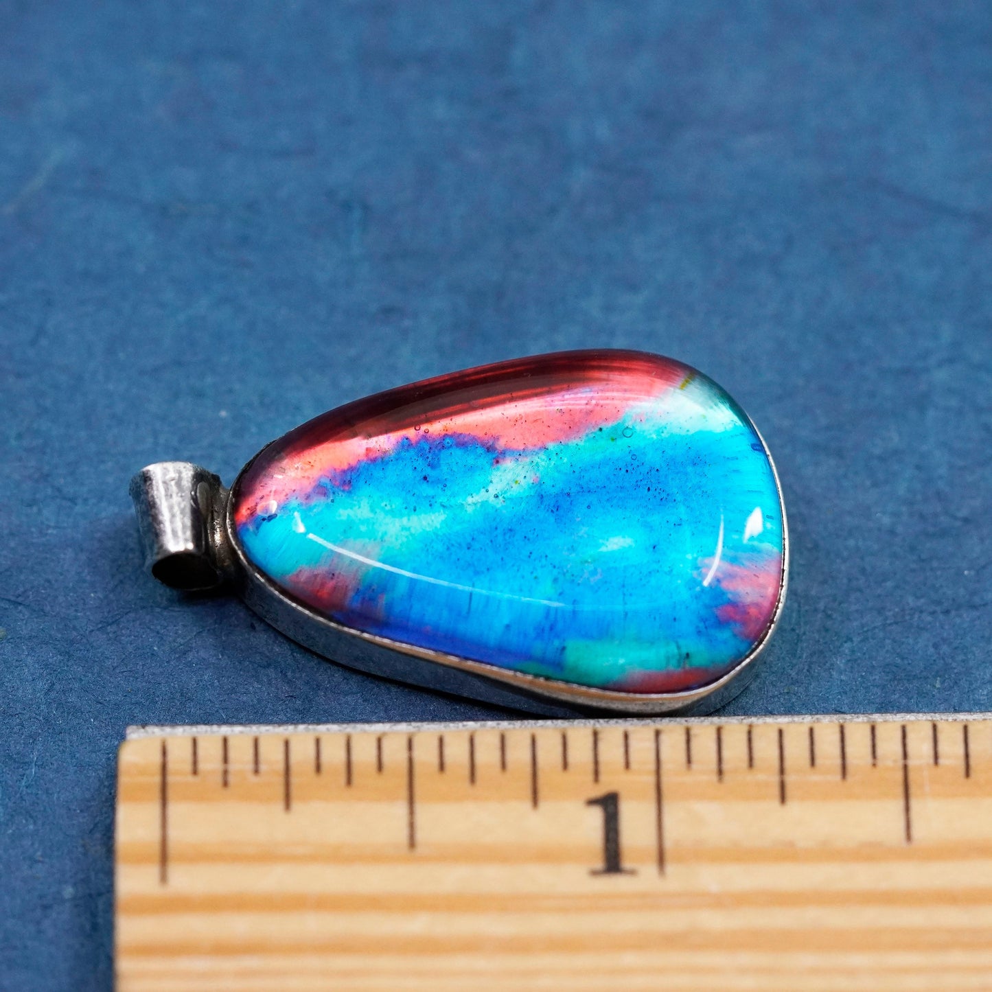 VTG sterling 925 silver handmade teardrop pendant with dichroic foiled glass