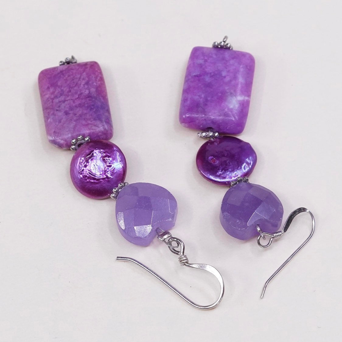 vtg sterling silver earrings, Mexico 925 w/ heart amethyst n agate