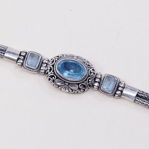 7.5”, Sterling Silver Handmade Bracelet, 925 Double Wheat Chain W/ Oval Topaz